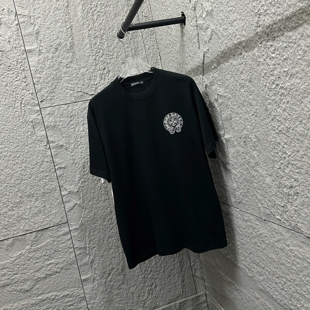 🅿️180 CH*Cro Heart*2025 spring and summer new style Classic horseshoe embroidery Customized double yarn plain cotton fabric Short-sleeved T-shirt Unisex Color: Black White Size: S (90-130 catties) M (120-150 catties) L (140-165 catties) XL (160-180 catties) XXL (180-210 catties)